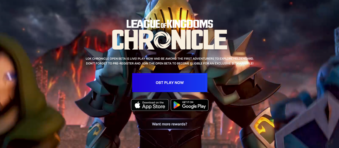 LOK Chronicle landing page — open beta launch, App Store and Google Play CTAs